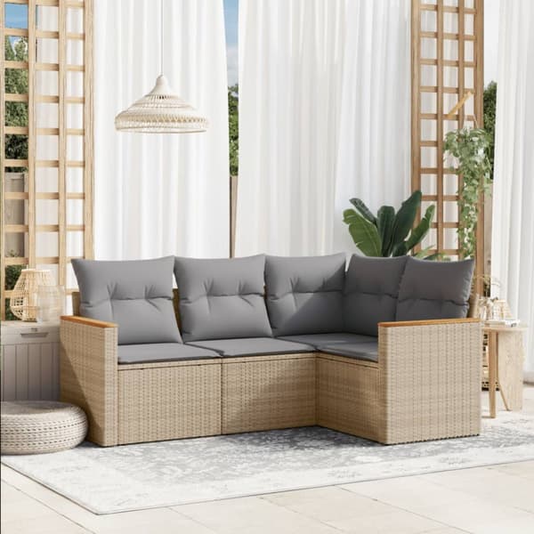 Soffgrupp för trädgård med dynor 4 delar beige konstrotting