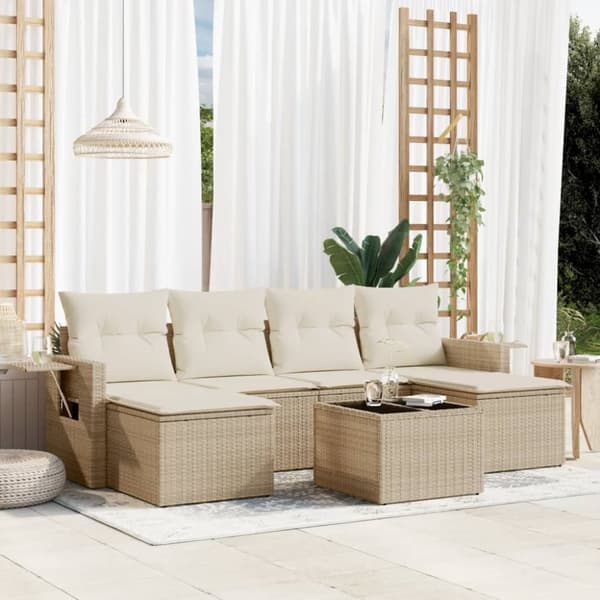 Matgrupp för trädgården med dynor 7 delar beige konstrotting