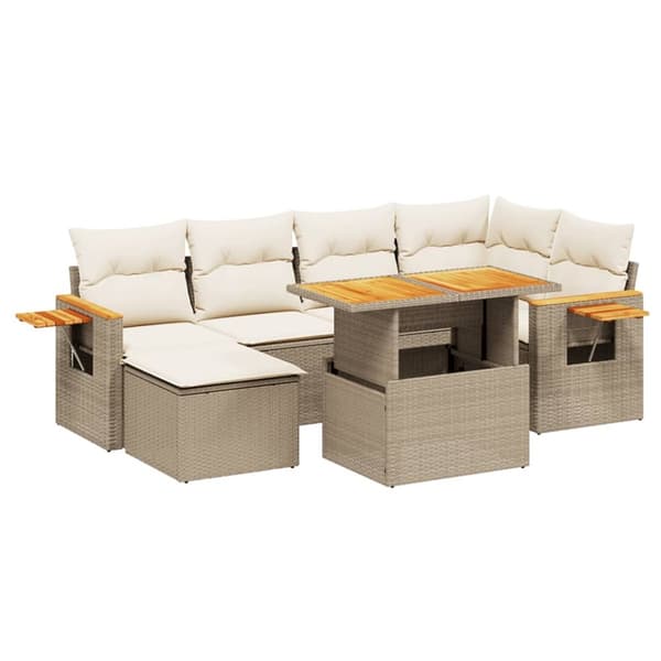 Matgrupp för trädgården med dynor 7 delar beige konstrotting