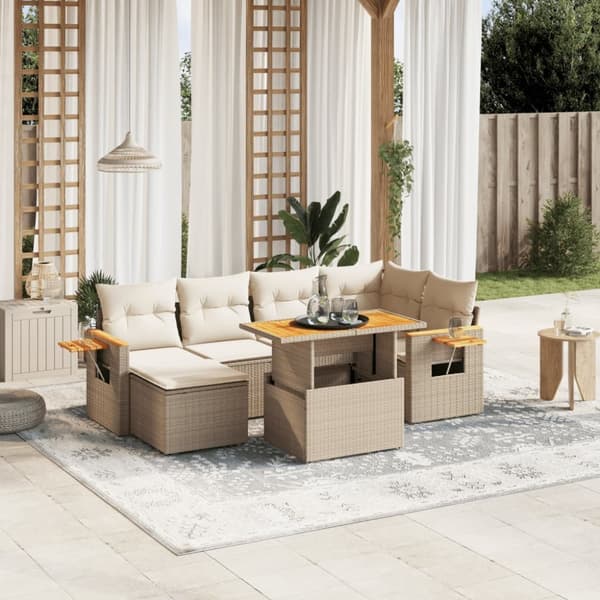 Matgrupp för trädgården med dynor 7 delar beige konstrotting