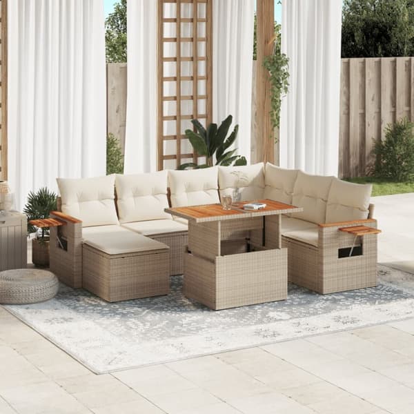 Matgrupp för trädgården med dynor 8 delar beige konstrotting