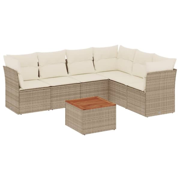 Matgrupp för trädgården med dynor 7 delar beige konstrotting