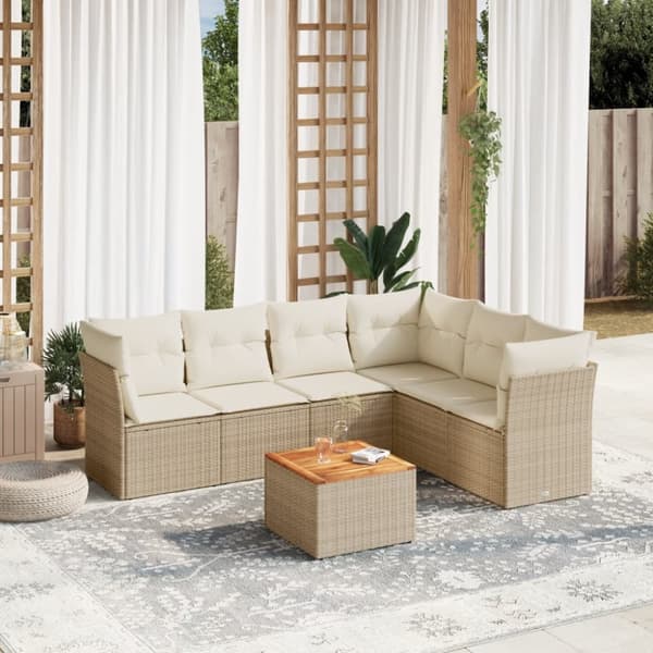 Matgrupp för trädgården med dynor 7 delar beige konstrotting