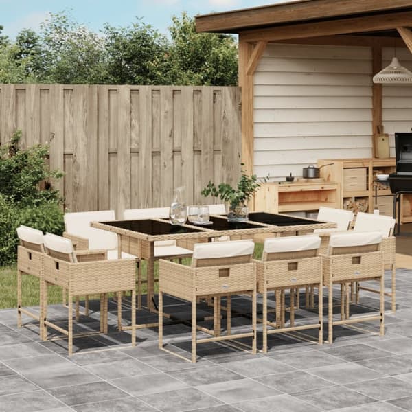 Matgrupp för trädgården med dynor 11 delar beige konstrotting
