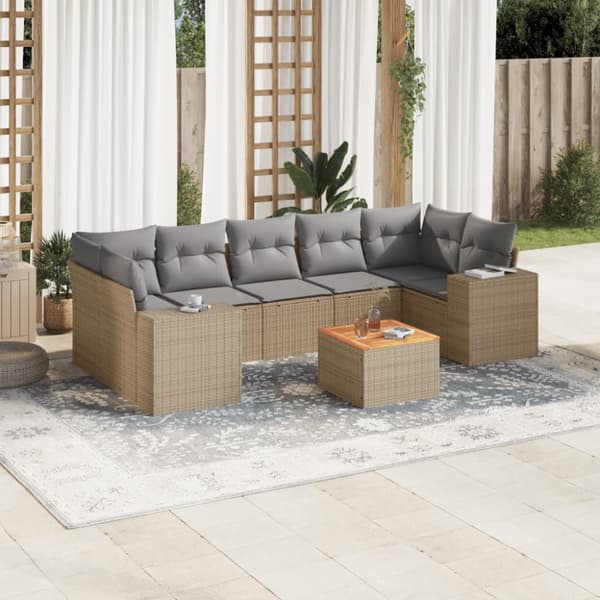 Matgrupp för trädgården med dynor 8 delar beige konstrotting