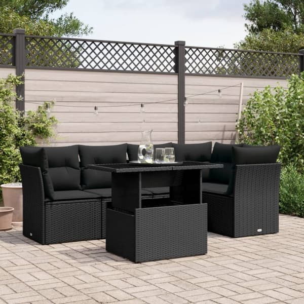 Loungegrupp med dynor 6 delar svart konstrotting