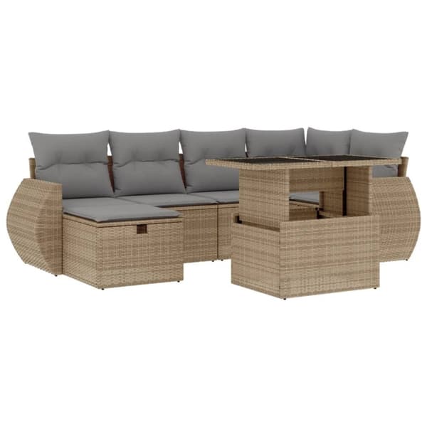 Matgrupp för trädgården med dynor 7 delar beige konstrotting