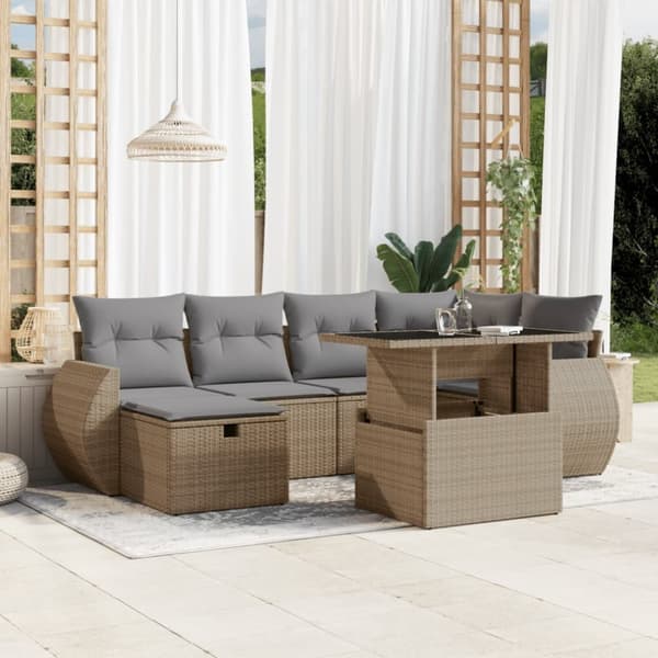 Matgrupp för trädgården med dynor 7 delar beige konstrotting