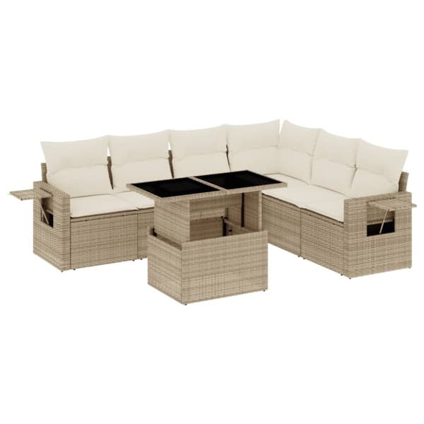 Matgrupp för trädgården med dynor 7 delar beige konstrotting