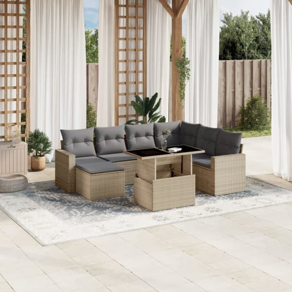 Matgrupp för trädgården med dynor 8 delar beige konstrotting