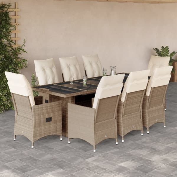 Caféset för trädgården 9 delar med dynor beige konstrotting