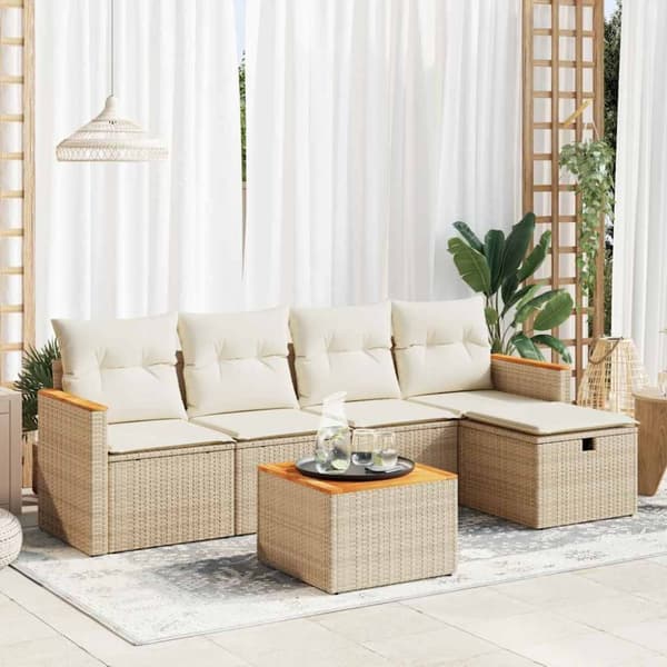 Soffgrupp för trädgården med dynor 6 delar beige konstrotting