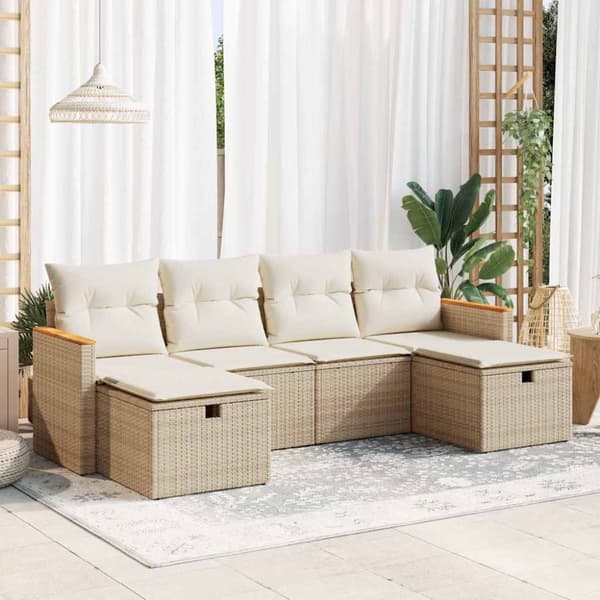 Soffgrupp för trädgården med dynor 6 delar beige konstrotting