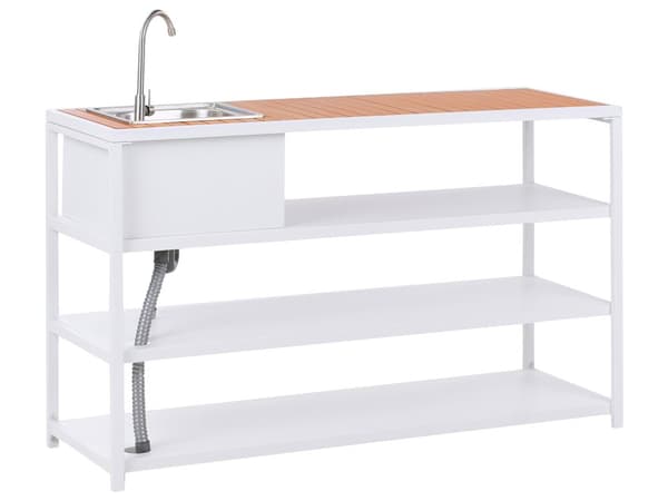 Utekjøkkenøy med vask Hvit og Brun Stålplate Lyst tre 159 x 50 x 91 cm Enkel Skaputløp 3 hyller Hagekjøkken