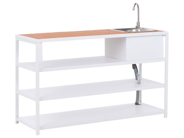 Utekjøkkenøy med vask Hvit og Brun Stålplate Lyst tre 159 x 50 x 91 cm Enkel Skaputløp 3 hyller Hagekjøkken