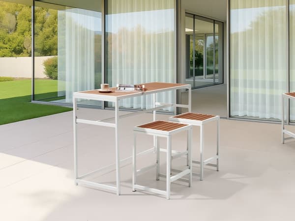 Hagespisesett 3 deler Brunt Polytre Hvitt Stål Rektangulært Bord 2 Krakker Innendørs Utendørs Moderne Design
