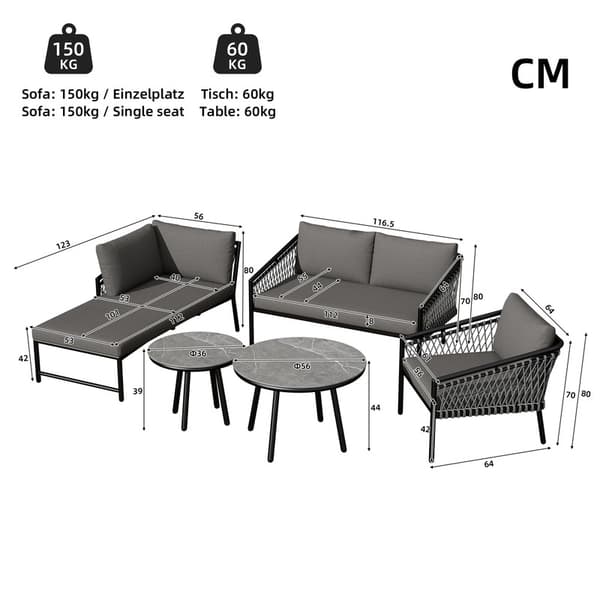 Grått trädgårdssoffbord och stolset med handvävt snöre, inklusive sits och dynor, för balkonger, trädgårdar och terrasser