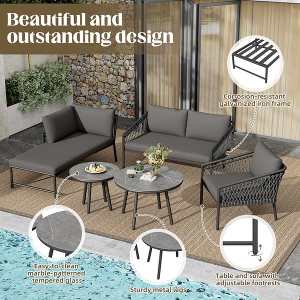 Grått trädgårdssoffbord och stolset med handvävt snöre, inklusive sits och dynor, för balkonger, trädgårdar och terrasser