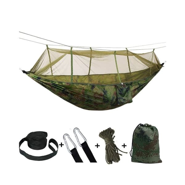 Hängmatta med myggnät (camouflage, orange-grå, rosa, grön eller svart)