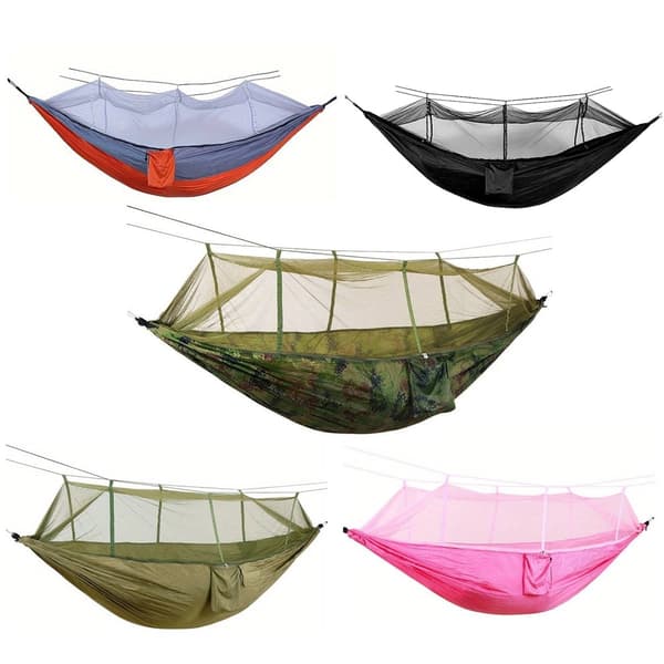 Hängmatta med myggnät (camouflage, orange-grå, rosa, grön eller svart)
