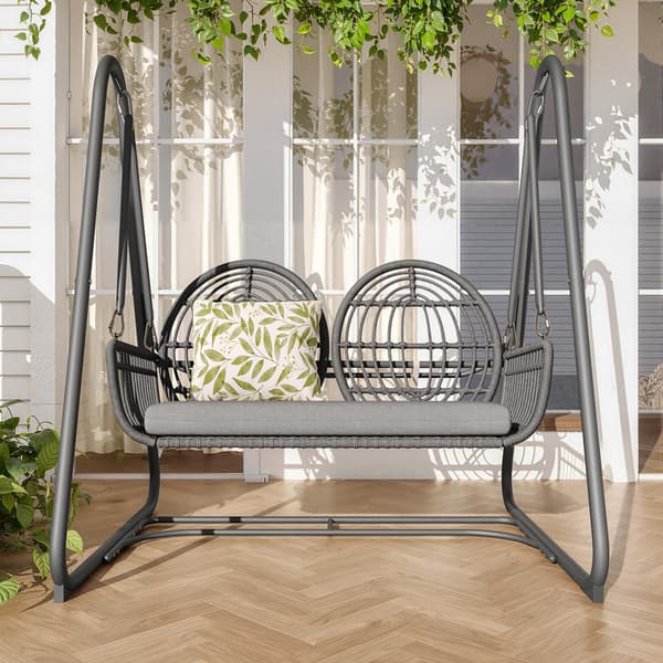Mørkegrå havegynge, gynge med ryglæn, polyrattan dobbeltgynge, 2 sæder, mørkegråt sædestel og hynder