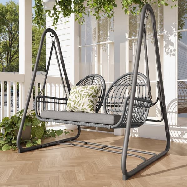 Mørkegrå havegynge, gynge med ryglæn, polyrattan dobbeltgynge, 2 sæder, mørkegråt sædestel og hynder