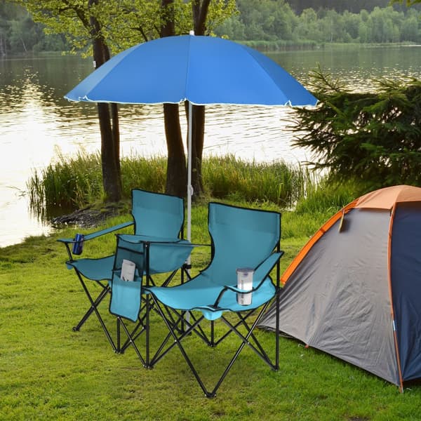 Hopfällbar picknickdubbelstol med paraply, 63x22x46.5 tum, Turkos