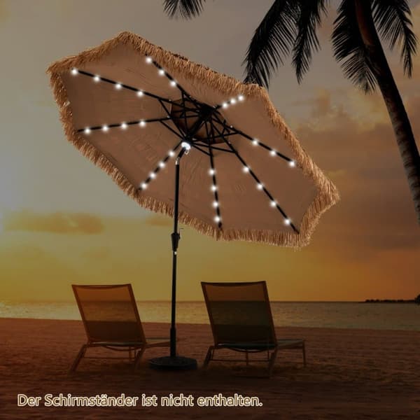 Parasoll, Hawaii 300 cm Strandparasoll med LED-solbelysning och dubbel tak, 313x251 cm, Naturligt Svart