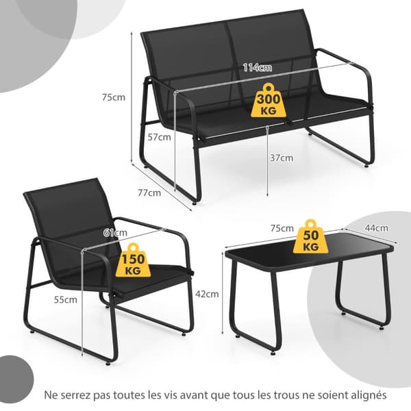 Puutarha Lounge -sarja, 75x44x42 cm, 114x77x75 cm, 61x77x75 cm, Musta