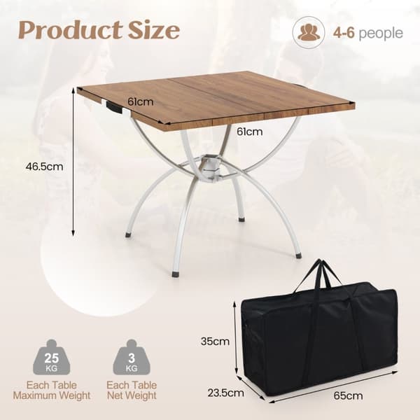 Campingbord, 2 Pakke Foldbart Campingbord, Udtrækkeligt Let Picnicbord, 61x61x47 cm, Natur