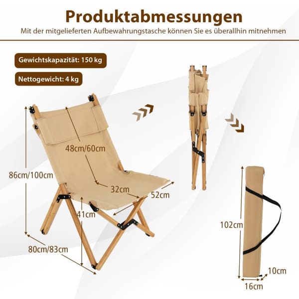 Campingstol, 80/83x52x86/100 cm, Natur