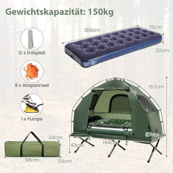 Camping seng, 194x87x167 cm, Grøn & Blå