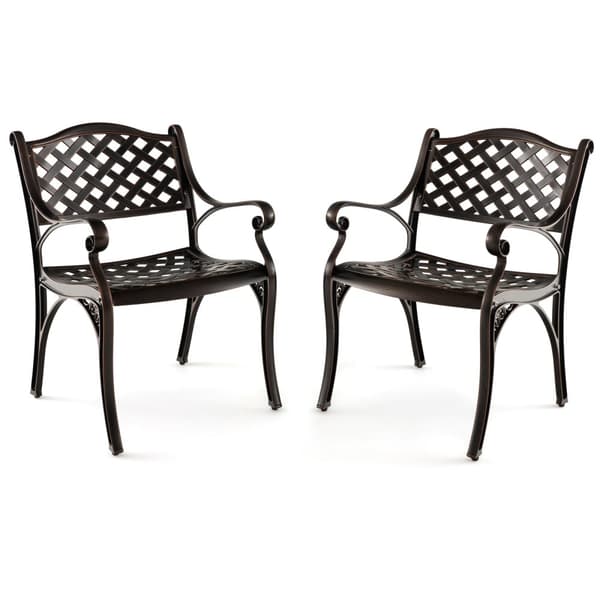 Utemöbler, Set med 2 st. matsalsstolar av gjuten aluminium med armstöd, Diamantmönster, 23,5"x22"x32", Brons