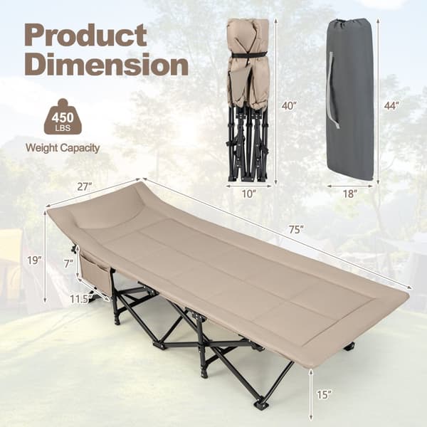 Sammenklappelig camping-seng, 74x27x19 tommer, Khaki