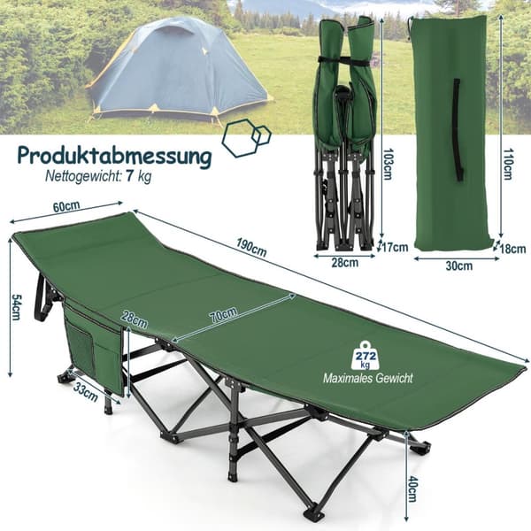 Camping seng, 190x70x54 cm, Grøn