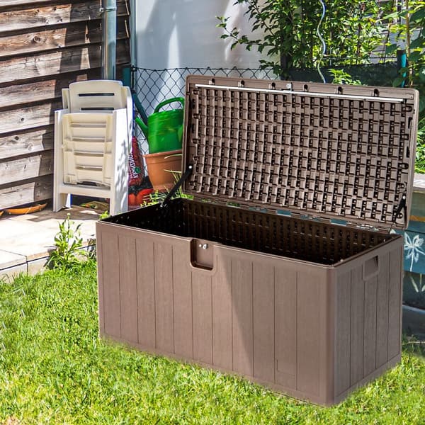 Terassilaatikko, 105 Gallon Säänkestävä Suuri Terassilaatikko Lukittavalla Sisällönsäilytyksellä, 50.5"x25.5"x25.5", Ruskea