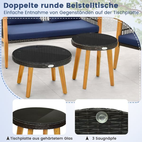 Ulkoilma Rattan-keskusteluryhmä, 75x76x80 cm, 132x76x80 cm, 60x38 cm, 48x48 cm, Sekoitettu Ruskea, Laivastonsininen