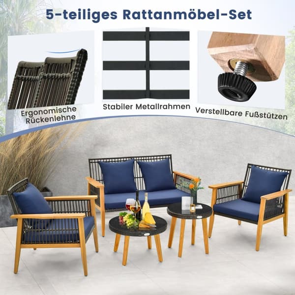 Ulkoilma Rattan-keskusteluryhmä, 75x76x80 cm, 132x76x80 cm, 60x38 cm, 48x48 cm, Sekoitettu Ruskea, Laivastonsininen