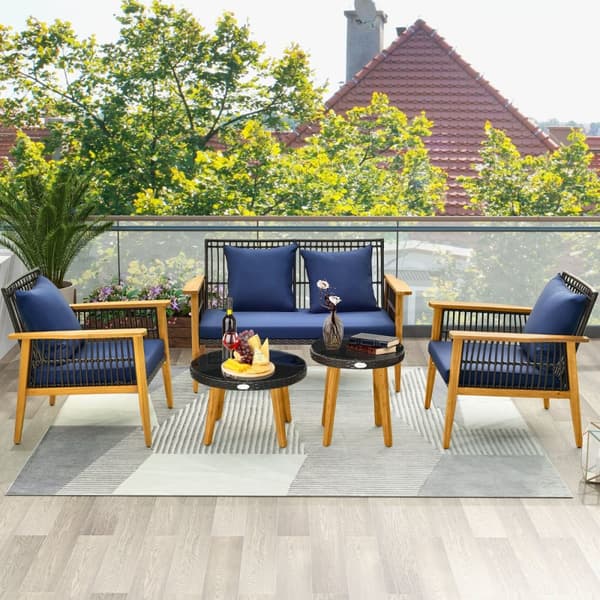 Ulkoilma Rattan-keskusteluryhmä, 75x76x80 cm, 132x76x80 cm, 60x38 cm, 48x48 cm, Sekoitettu Ruskea, Laivastonsininen