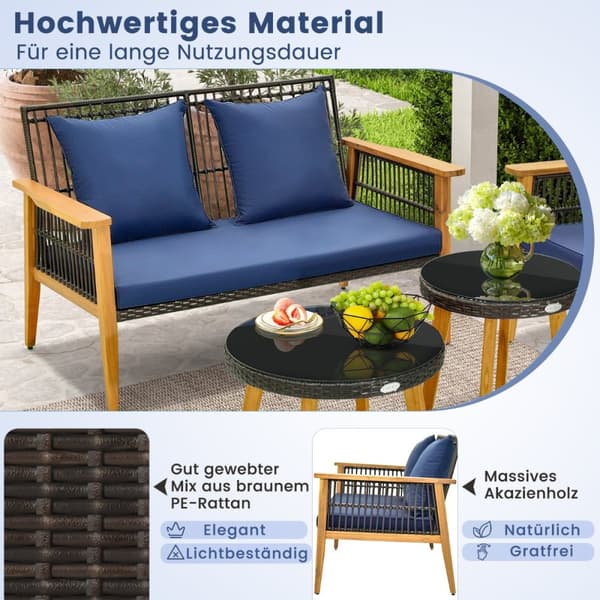 Ulkoilma Rattan-keskusteluryhmä, 75x76x80 cm, 132x76x80 cm, 60x38 cm, 48x48 cm, Sekoitettu Ruskea, Laivastonsininen