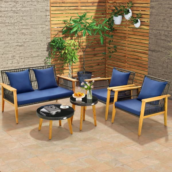 Ulkoilma Rattan-keskusteluryhmä, 75x76x80 cm, 132x76x80 cm, 60x38 cm, 48x48 cm, Sekoitettu Ruskea, Laivastonsininen