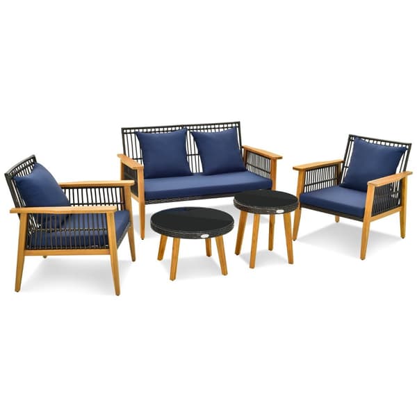 Ulkoilma Rattan-keskusteluryhmä, 75x76x80 cm, 132x76x80 cm, 60x38 cm, 48x48 cm, Sekoitettu Ruskea, Laivastonsininen