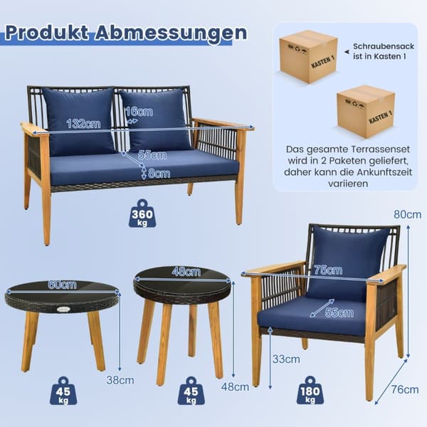 Ulkoilma Rattan-keskusteluryhmä, 75x76x80 cm, 132x76x80 cm, 60x38 cm, 48x48 cm, Sekoitettu Ruskea, Laivastonsininen