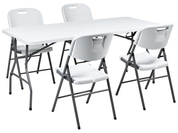 4-seters Hagespisesett Hvitt Syntetisk Materiale 180 x 74 cm Bord og 4 Sammenleggbare Stoler med Metallben