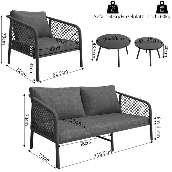 Moderne udendørs sofasæt med grå snore, top lavet af glat glas, inklusive alle sæde- og ryghynder