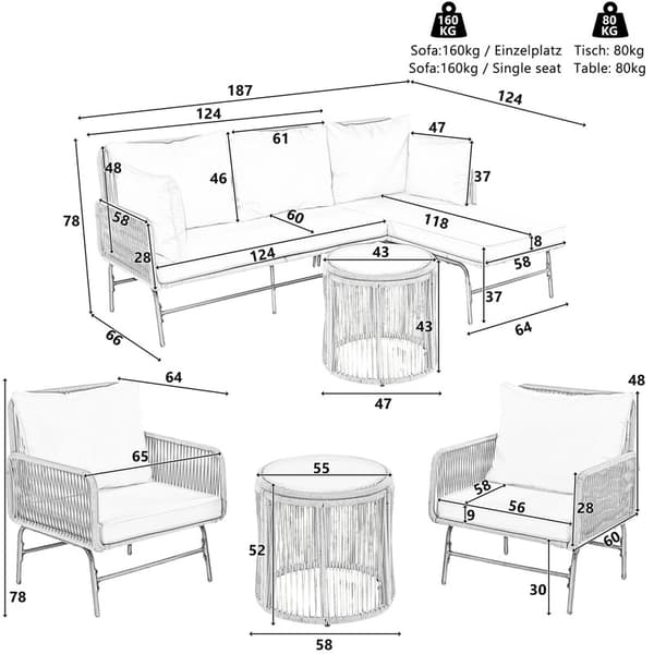 Harmaa puutarhakalustesarja, ulkopunottu köysi, kaksi nojatuolia, kaksi loveseat-sohvaa ja kaksi pöytää, mukaan lukien kaikki tyynyt