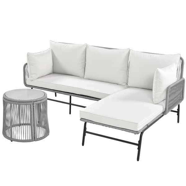 Harmaa puutarhakalustesarja, ulkopunottu köysi, kaksi nojatuolia, kaksi loveseat-sohvaa ja kaksi pöytää, mukaan lukien kaikki tyynyt