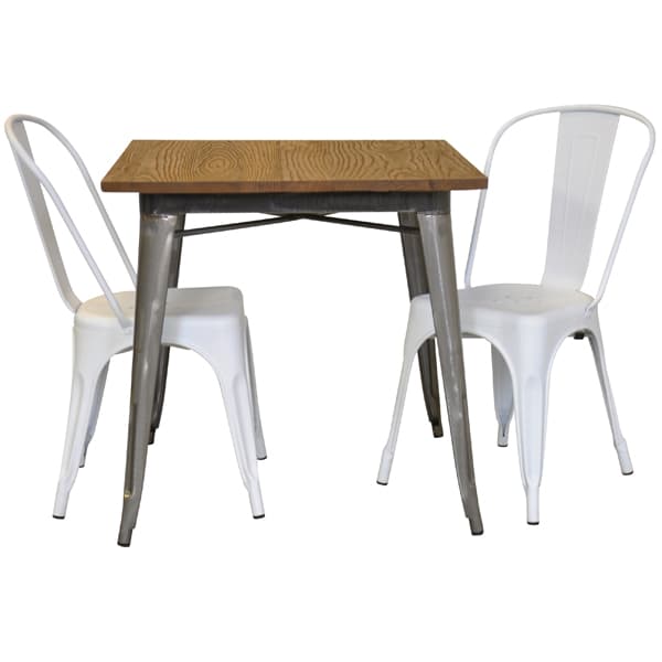 Matsalsgrupp plåt bord galvaniserad med toppskiva i alm 2 stolar matt vita