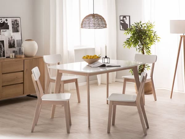 Ruokapöytä valkoinen 150 x 90 x 75 cm MDF-levy vaalea kumipuu matta 4 hengelle