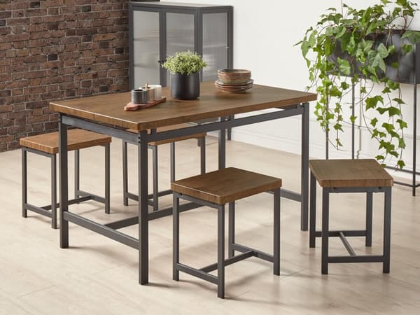 Matmöblemang Mörk trä Rektangulär Topp 120 x 75 cm Svart Metallram 4-sits med Pallar